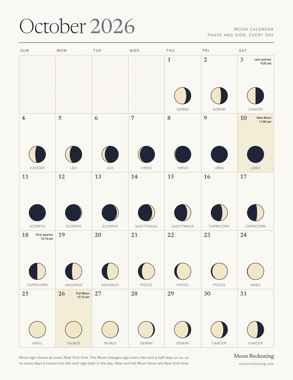 October 2026 moon calendar to print