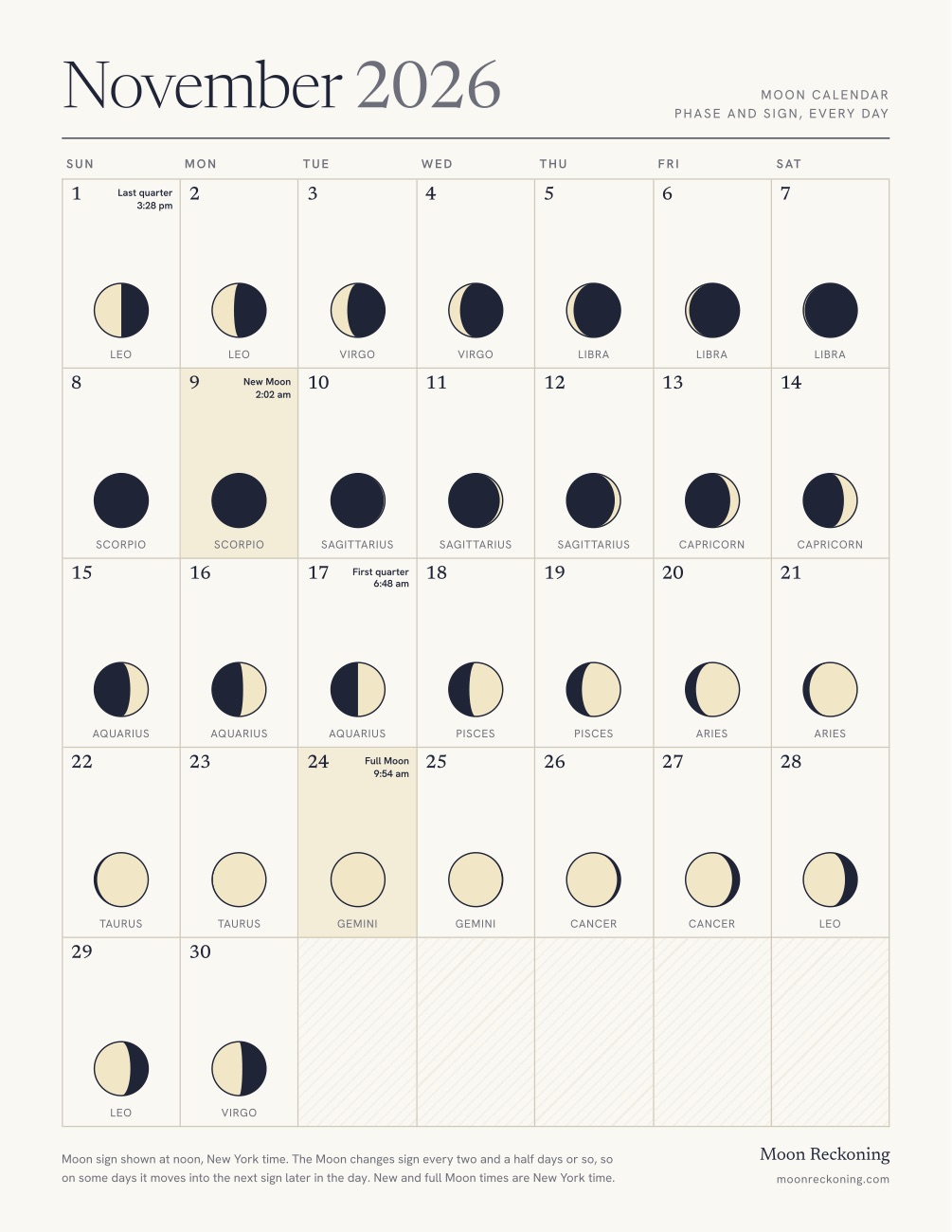 November 2026 moon calendar to print